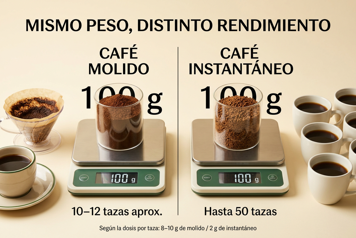 El peso engaña: Por qué 100 gramos de café instantáneo rinden el triple que el café molido